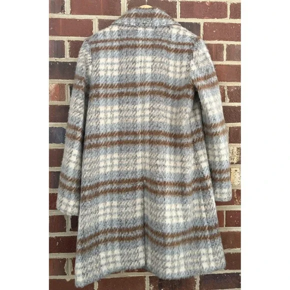 Sam Edelman Coat Womens 8 Blue Brown Plaid Double Breasted Fuzzy Long Winter - Picture 2 of 8